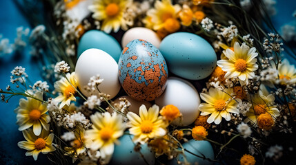 Fototapeta na wymiar Colorful easter eggs and spring flowers on a dark blue background. Selective focus. Greeting card on an Easter theme. Happy Easter concept.