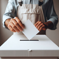 Man in work clothing casting vote into ballot box, concept of democracy and election participation.
