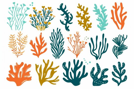 Fototapeta Set of vector watercolor seaweed and corals isolated on white. Sea theme, design element, decoration of water entertainment places, parks, beaches.