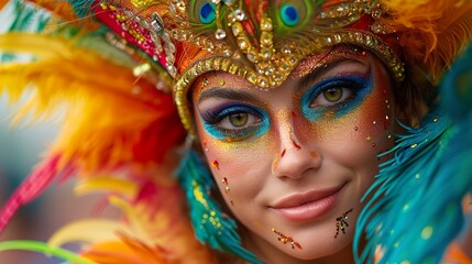 Woman decorated for the Brazilian carnival full of vibrant colors and engaging energy. Decorated face of a beautiful woman with exuberant charm for the carnival festivities. - obrazy, fototapety, plakaty