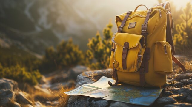 A classic yellow backpack with retro flair, beside an open map of Europe, against a backdrop of a blurred mountain range