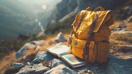 A classic yellow backpack with retro flair, beside an open map of Europe, against a backdrop of a...