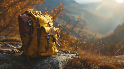 A classic yellow backpack with retro flair, beside an open map of Europe, against a backdrop of a...