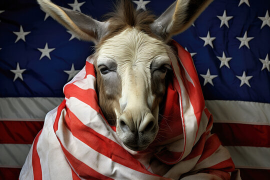 The US election 2024 - a donkey wrapped in the US flag - symbol of the Democratic Party (generative AI)
