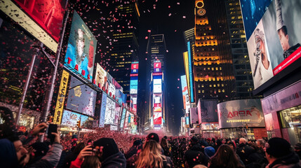A group of people celebrating New Year's Eve in Times Square.