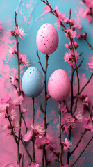 Easter concept with colorful eggs of delicate colors and flowers in a minimalist style with copy space. Postcard on a blue background.