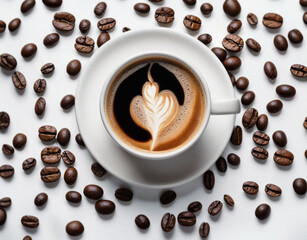 Tasse à café et grains de café vu d'en haut