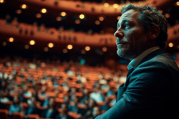 Obraz premium A man in profile talking in front of many people dressed in a suit.