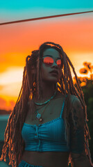 Portrait of Afro American woman with dreadlocks, Afro-Colombian reggae summer theme, sunset. 