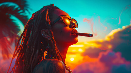 Afro American woman smoking cigar with dreadlocks wearing sunglasses, Afro-Colombian reggae theme,...