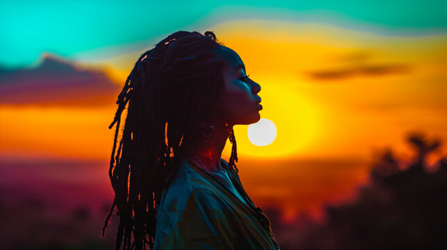 Close up, portrait of Afro American woman with dreadlocks, Afro-Colombian reggae summer theme, sunset. 