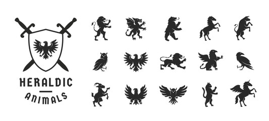 Heraldic animals set. Animals elements  for Coat of Arms, Crest design. Heraldic symbols. Dragon, Goat, Owl, Lion, Eagle, Raven, Griffin, Cat, Horse, Bear silhouettes. Vector illustration. 
