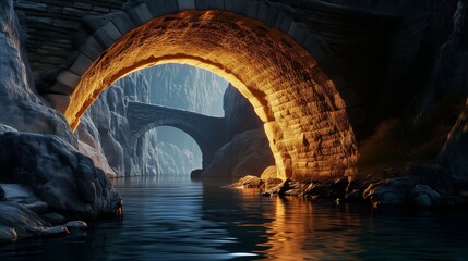A cool, white LED light under the water, illuminating the stone bridge with a clean, crisp light, making the ancient craftsmanship stand out sharply