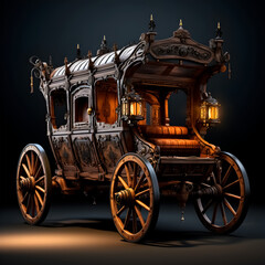 Fototapeta premium an antique wooden carriage with lamps on wooden wheels.