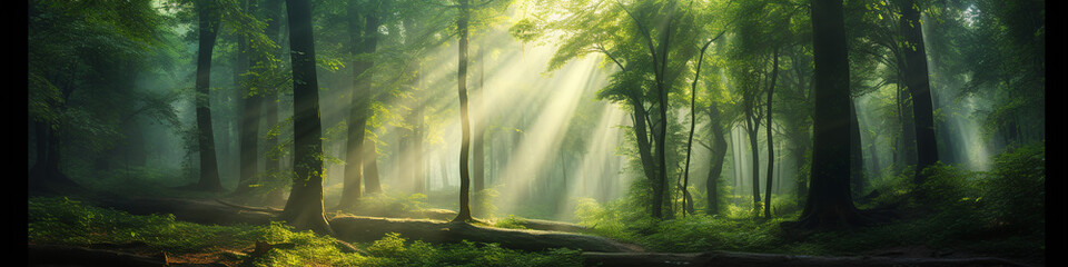 Beautiful rays of sunlight in a green forest background