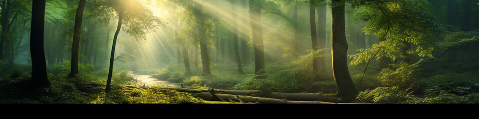 Beautiful rays of sunlight in a green forest background - obrazy, fototapety, plakaty