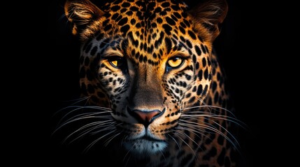 Obraz premium Portrait of a leopard on a black background. The look of a predator. A wild cat.