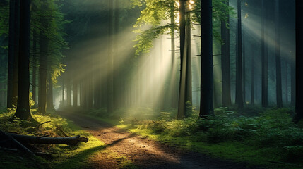 Beautiful rays of sunlight in a green forest background - obrazy, fototapety, plakaty