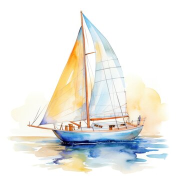 A watercolor painting of a sailboat with yellow and blue sails floating on the ocean.