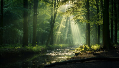 Fototapeta na wymiar Beautiful rays of sunlight in a green forest background