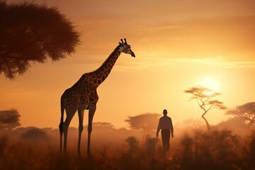Fototapeta na wymiar Father giraffe and son walking in African savanna. Generative AI