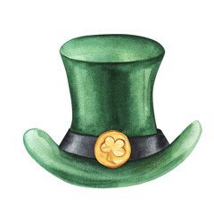 Green cylinder hat watercolor illustration isolated on white background. Traditional leprechaun...