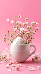 Obraz na płótnie Canvas Easter egg and spring flowers in a cup of tea on a pink background, creative Easter holiday concept, minimalism for postcard design.