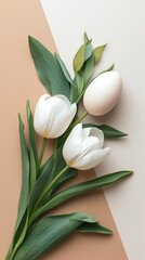 Easter egg and spring flowers tulips on paper pink and beige background, creative Easter holiday concept, minimalism for postcard design.
