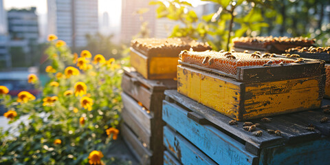 Beehives in urban garden with cityscape background. Urban beekeeping and sustainable agriculture concept. Design for eco-friendly farming, pollination, and biodiversity
 - obrazy, fototapety, plakaty