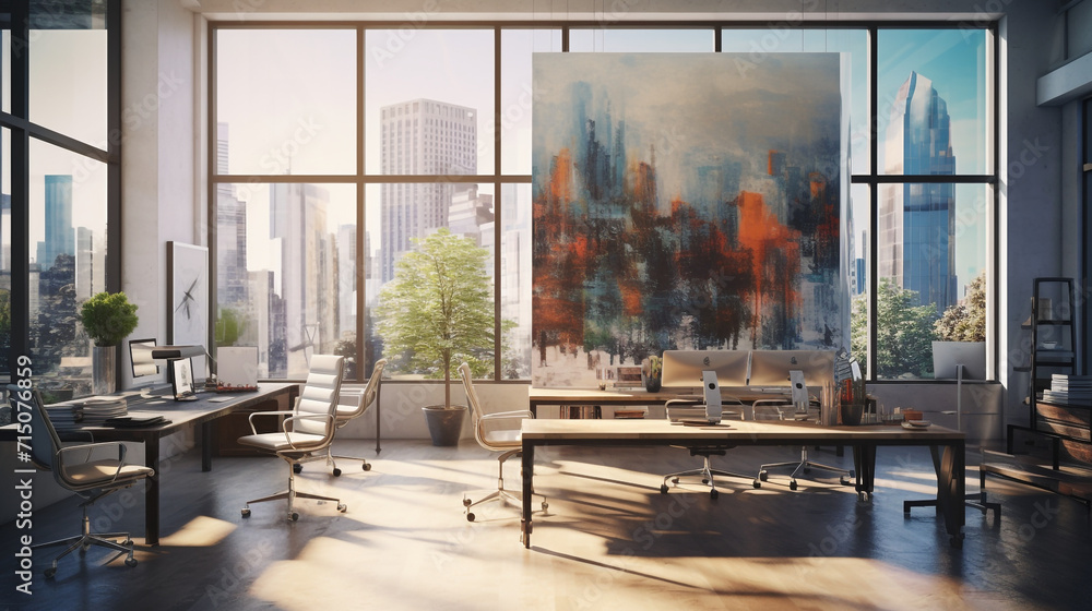 Poster a modern office space with ample casting a radiant glow, perfect for creating an atmosphere of creat