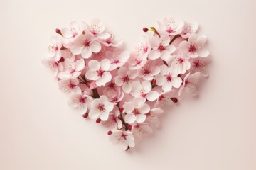 heart shape laid out from pink sakura flowers on a white background. postcard for Valentine's Day or March 8