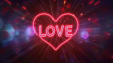 Love in pink text,  inside a heart shape neon sign. With pink light rays and purple lens flares. 