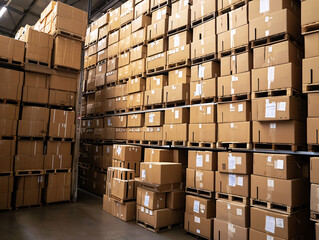 Rows of cardboard boxes on high shelves in warehouse storage facility. Logistics, supply chain, and inventory management concept suitable for banners and posters
