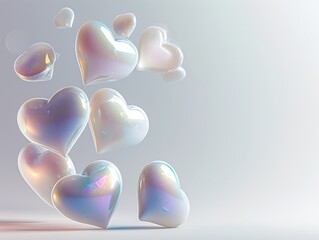 3D Realistic Shiny Shimmering Hearts Background. Valentine's Day Hearts Wallpaper. Glossy Hearts Backdrop with Space for Text.