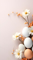 Fototapeta na wymiar Easter concept with colorful eggs of delicate colors and flowers in a minimalist style with copy space. Postcard on a pink background.