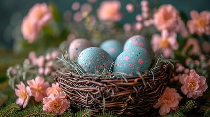 Obraz na płótnie Canvas Basket of easter eggs on green grass at sunny day