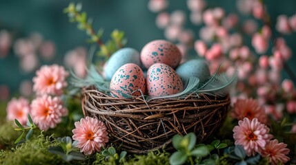 Fototapeta na wymiar Basket of easter eggs on green grass at sunny day