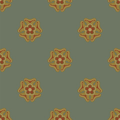 Seamless geometrical polka dot pattern with medieval floral motifs. Red and gold round mandalas on gray background.