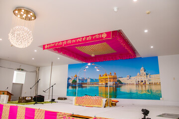 Indian Punjabi Sikh gurudwara temple interiors and ritual items
