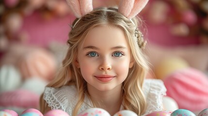 Cute little child wearing bunny ears on Easter day. Girl holding basket with painted eggs