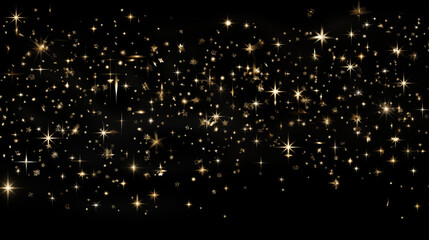 Fototapeta na wymiar Particules et étoiles scintillantes et brillantes volant sur fond sombre, noir. Lumière, étoile, paillette dorée et flou. Cosmos, univers, espace. Fond pour bannière, conception et création graphique.
