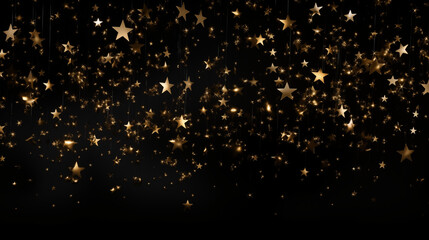 Particules et étoiles scintillantes et brillantes volant sur fond sombre, noir. Lumière, étoile, paillette dorée et flou. Cosmos, univers, espace. Fond pour bannière, conception et création graphique.