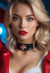 A close-up of a blonde model with red lipstick, wearing a black choker.
