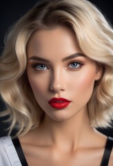 A beautiful blonde woman with red lipstick and blue eyes, wearing a white top with black straps.