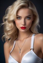 A beautiful blonde model poses for the camera, wearing a white bralette and a silver necklace. She has red lipstick and her hair is blown back.