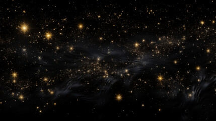 Fototapeta premium Particules et étoiles scintillantes et brillantes volant sur fond sombre, noir. Lumière, étoile, paillette dorée et flou. Cosmos, univers, espace. Fond pour bannière, conception et création graphique.