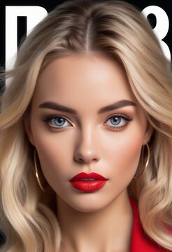 The image features a woman with blonde hair and red lipstick. She has a strong expression and is wearing gold hoop earrings. The background is a black and white