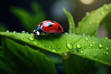 Obraz premium A ladybug crawling on a green leaf with dewdrops. close-up of an insect.