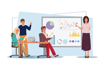 Woman at the white board giving a presentation of business growth, datas, market research and analysis. Vector business illustration.