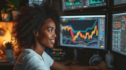 A radiant female analyst with natural hair enjoys working with financial trading software